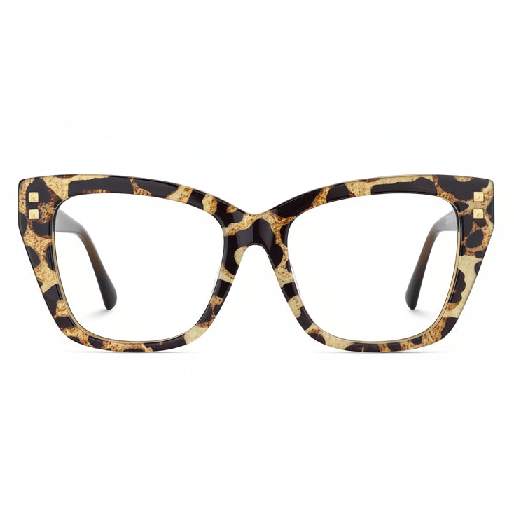 Cat-eye glasses with a tortoiseshell pattern on a white background