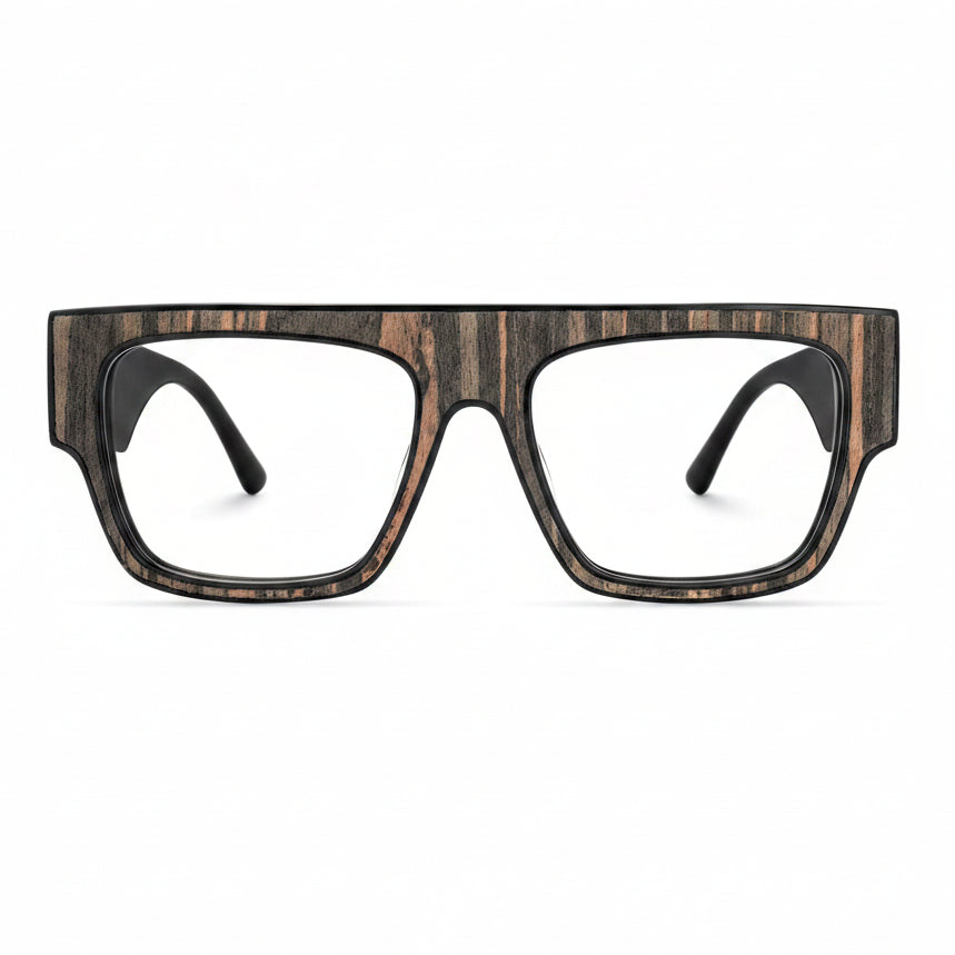 Wooden-framed eyeglasses on a white background