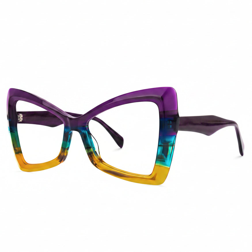 Multicolored cat-eye glasses on a white background