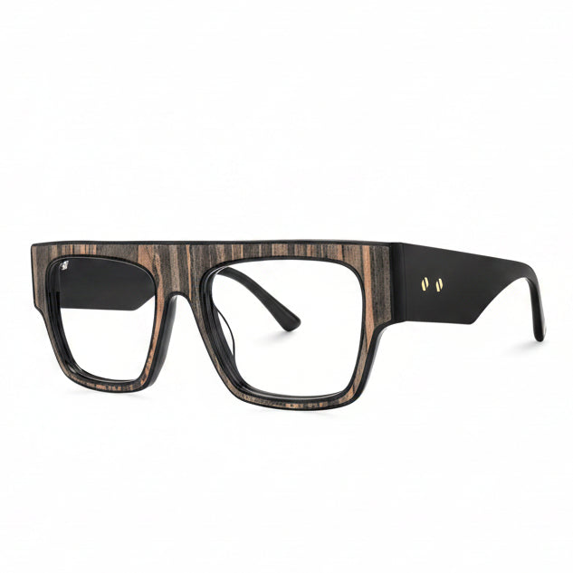 Wooden-framed eyeglasses on a white background