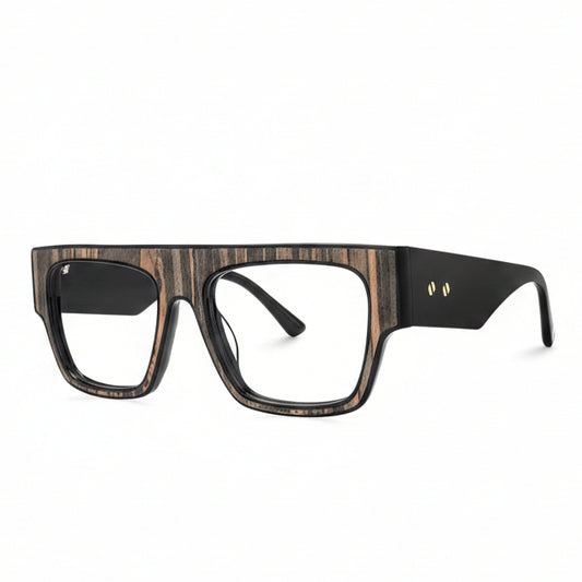 Wooden-framed eyeglasses on a white background
