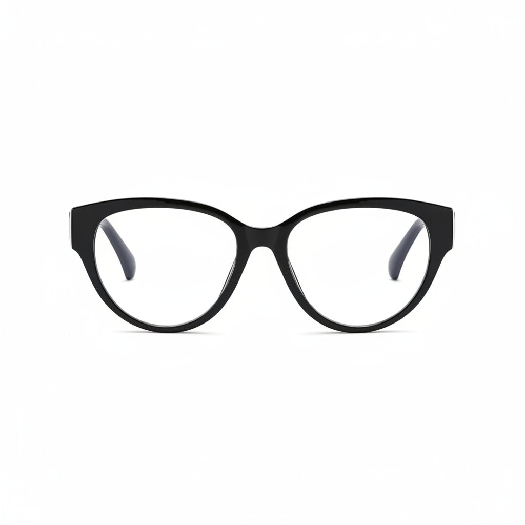 Black cat-eye glasses shown from different angles on a white background