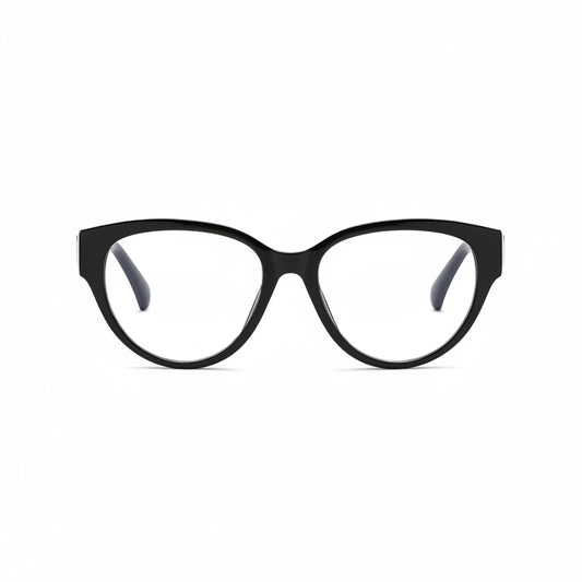 Black cat-eye glasses shown from different angles on a white background