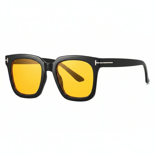 Black square sunglasses with yellow lenses, featuring a small silver T-shaped logo on the temples, shown against a plain white background.