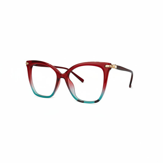 Red and blue tortoiseshell glasses on a light gray background