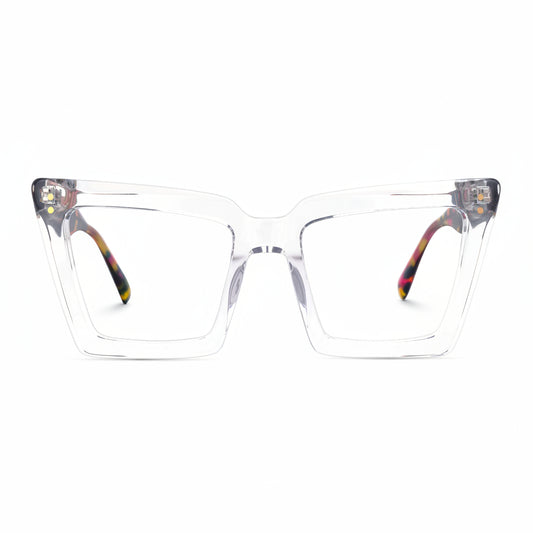 Clear eyeglasses with colorful temple tips on a white background